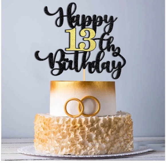 Black and Gold Happy 13th Birthday Cake Topper Lot Of 2 Packs - Picture 6 of 8
